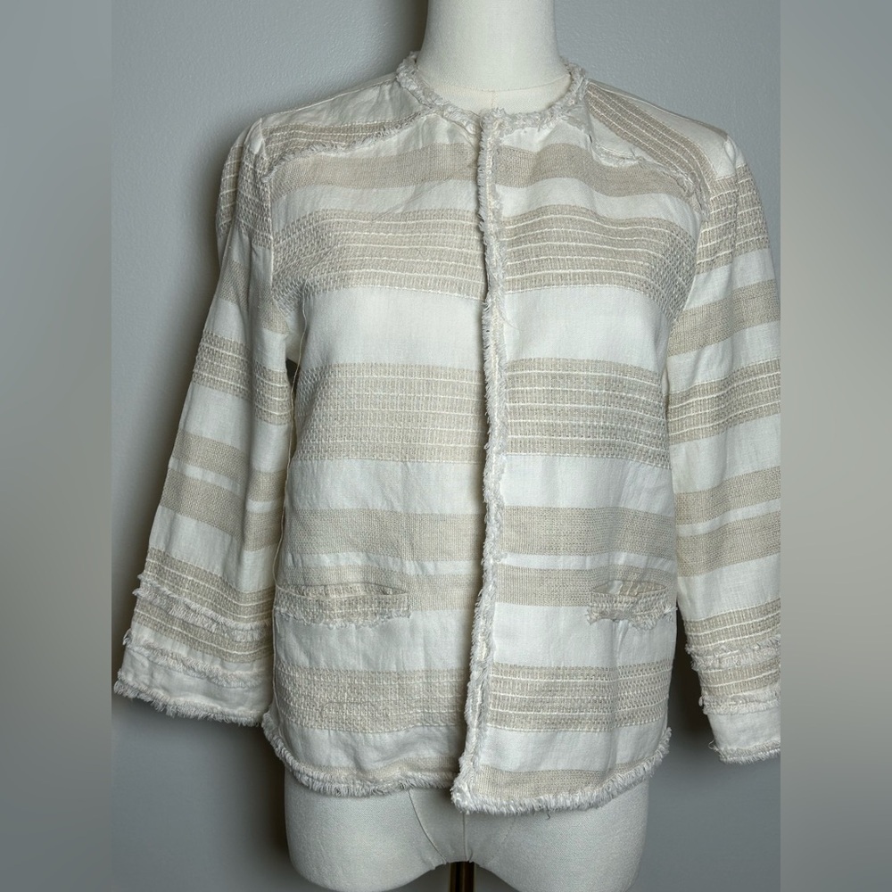 Greylin stripe linen cotton Blazer small fringe trim open front - Picture 3 of 10